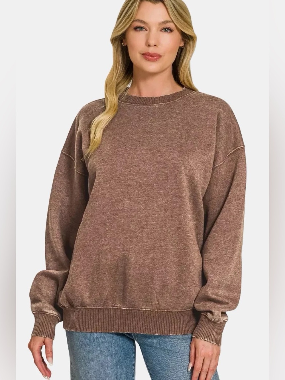 OTW-4500Y Zenana Brown Fleece Acid Enzyme Washed Round Neck Sweatshirt